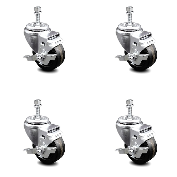3 Inch Phenolic Wheel Swivel 3/8 Inch Threaded Stem Caster Set with Brake SCC